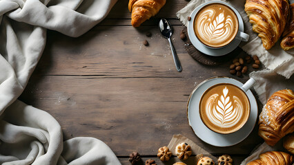 Coffee and Pastries: Croissants and Latte Art on Wooden Table

