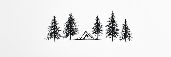 Simple Line Drawing Of A Tent Among Pine Trees