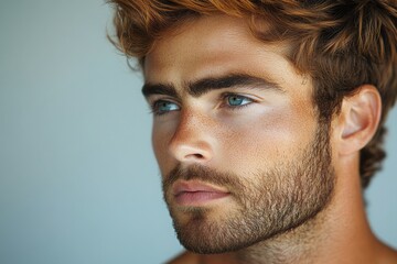 Fototapeta premium A close-up of a young man with striking blue eyes, tousled brown hair, and a defined jawline, exuding a confident and contemplative expression.