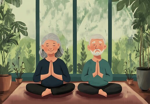 A cartoon illustration of an elderly couple doing yoga in the living room, international yoga day concept