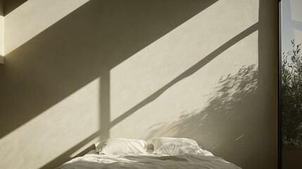Serene and Minimalistic Bedroom with Natural Light and Soft Shadows for a Calm and Inviting Atmosphere in a Tasteful Decor Setting