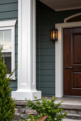 Fototapeta premium Modern House Exterior with White Columns and Dark Brown Door. The home features a beautiful design and landscaping. Perfect for real estate listings and home improvement blogs.