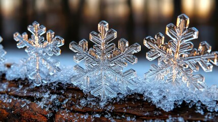 A close-up of snowflakes resting on a wooden surface, capturing winter's beauty.