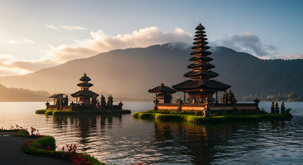 Ulun Danu Beratan Temple at Sunrise: Majestic Balinese Water Temple on Lake Bratan