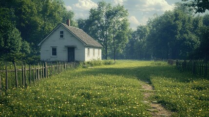 Rustic cottage, sunlit meadow, forest backdrop, peaceful scene