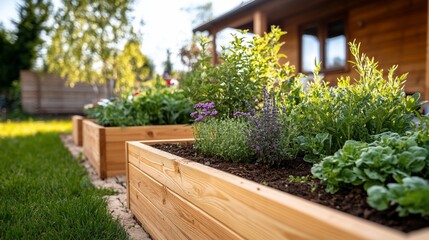 Raised garden beds, herbs, flowers, backyard, home