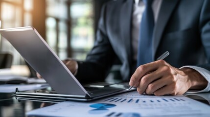 Fototapeta premium Businessman Working on Laptop and Documents