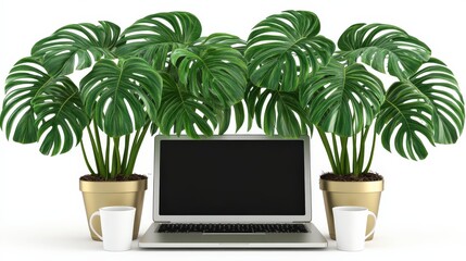 Lush indoor workspace featuring a laptop surrounded by vibrant green plants and coffee cups