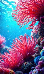 Obraz premium Vibrant sea anemones waving in the ocean current, underwater scene, ocean ecosystem