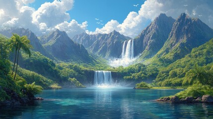 Fototapeta premium Tropical waterfall paradise, scenic lake, mountain backdrop, travel poster
