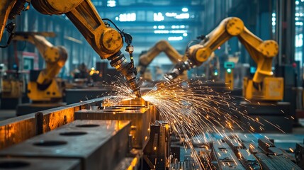 Robots in a metal fabrication factory, shaping and assembling steel components for industrial use.