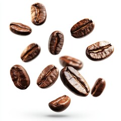 Obraz premium Floating Coffee Beans on White Background for Food and Beverage Use