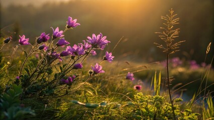Obraz premium Vibrant purple flowers set against a backdrop of muted green foliage with a warm golden light illuminating the scene, floral arrangements, purple flowers, sunny day, garden blooms, muted green