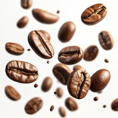 Fototapeta premium Coffee Beans Falling on White Background in Artistic Motion