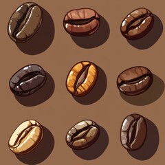 Fototapeta premium Various Coffee Beans on Brown Background with Shadows and Highlights