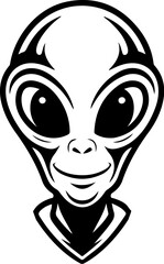 Illustration of a head of alien. Alien head. UFO. Cryptozoology. Design element for logo, label, sign, poster, card. Vector illustration