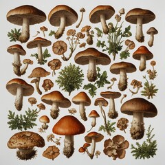 A botanical illustration of various mushroom species, precisely detailed on a white background.