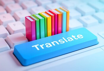Conceptual image of translation featuring colorful books and a keyboard 'Translate' button symbolizing language conversion.