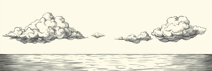 Clouds above a calm ocean scene sketched in ink