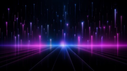 3D isometric purple and blue gradient with glowing vertical light lines, bokeh stars, and minimalist design isolated on a black background