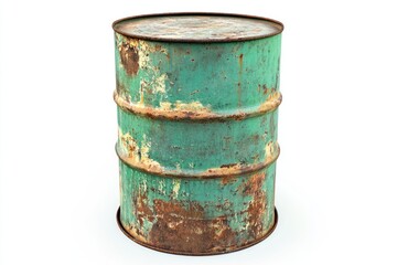 Obraz premium Rusty green barrel, isolated, white background, industrial waste