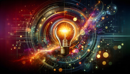 Glowing Light Bulb with Colorful Swirling Background