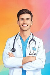 Fototapeta premium Smiling Male Doctor with Stethoscope and Colorful Background
