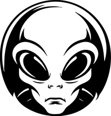 Illustration of a head of alien. Alien head. UFO. Cryptozoology. Design element for logo, label, sign, poster, card. Vector illustration