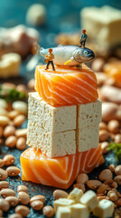 Miniature tower made of healthy protein from salmon, tofu and beans
