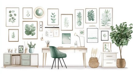 Fototapeta premium Modern home office featuring a stylish desk, green decor, and botanical wall art in a bright setting