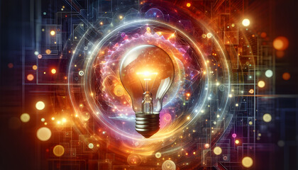 Glowing Light Bulb in Colorful Swirling Vortex Symbolizing Inspiration