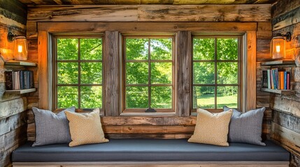 Rustic cabin window seat, reading nook, nature view, bookshelves