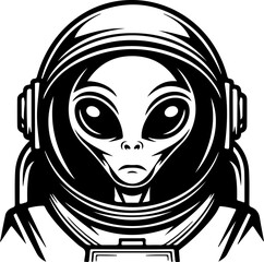 Illustration of a head of alien. Alien head. UFO. Cryptozoology. Design element for logo, label, sign, poster, card. Vector illustration