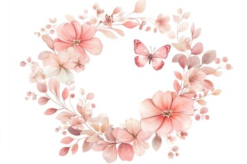 Pink floral wreath, butterfly, white background, wedding invitation