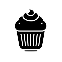 Delicious Cupcake Icon: A simple yet delightful black and white icon of a cupcake, complete with swirl of frosting, perfect for bakery websites, menus, and apps.  