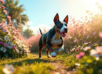 Un cachorro bull terrier corriendo a trav&eacute;s de un prado de flores con rayos del sol, rayos del sol, correr