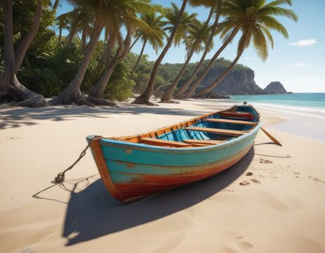 Un bote con remos en la orilla de una playa arenosa, sailing boat, sailboat moored, canoe