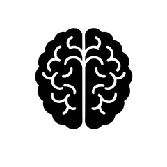Human Brain Icon: A bold, black and white illustration of a human brain, perfect for representing intelligence, intellect, neurology, psychology, and cognitive functions.  The clean.