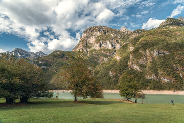  A breathtaking view of majestic mountains, a tranquil lake, and lush greenery under a partly cloudy sky. A lone traveler admires the stunning scenery, evoking a sense of peace and wanderlust.