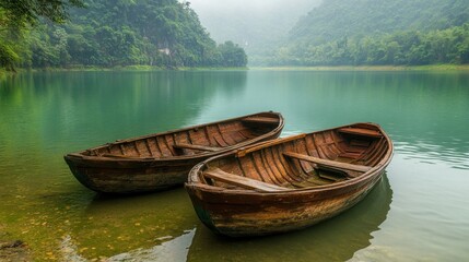 Obraz premium Tranquil Lake Scene with Wooden Boats
