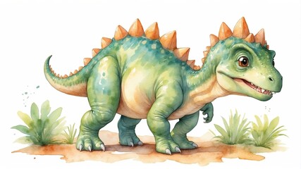 Colorful dinosaur character illustrated in a playful style, surrounded by green plants on a light background