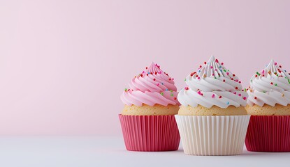 Three Cupcakes with Pink and White Frosting on Pink Background