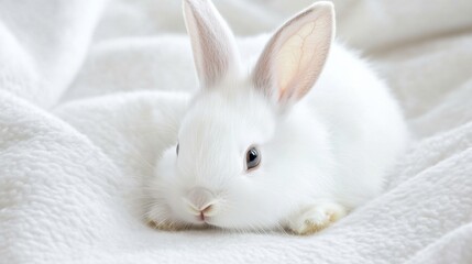 Cute White Rabbit Resting on Soft Blankets in Bright Indoor Setting