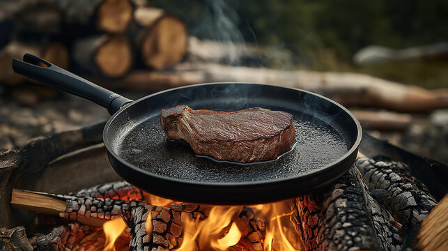 camping in magnificent natural scenery / oak wood-fired griddle pan steaks