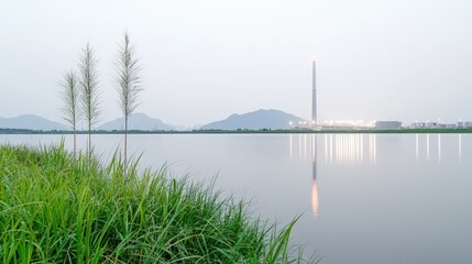 Industrial plant reflecting in calm lake at dawn