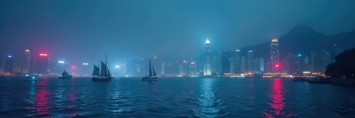 Obraz premium Foggy night scene of Hong Kong Bay with sailing vessels, fog, ships, foggy