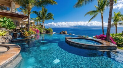 Fototapeta premium Oceanfront Paradise: A stunning infinity pool with a spa spills over into the vast blue ocean, framed by lush palm trees and an elegant villa.