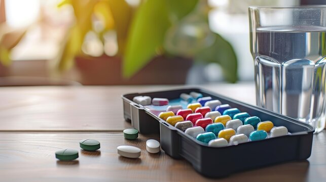 Colorful capsules in a pill organizer on a wooden table with a glass of water, representing daily medication routine for chronic illness management and health care.
