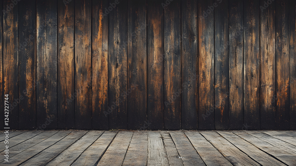Poster a rustic wooden wall with dark tones and texture, complemented by a wooden floor, creating a warm an