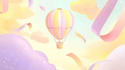 Naklejka premium Pastel Hot Air Balloon Soaring Above Dreamy Clouds: A Whimsical Celebration